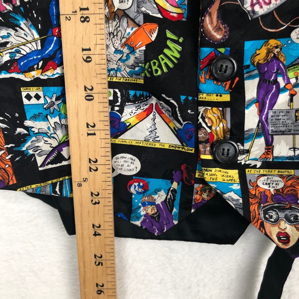 VTG NICOLE MILLER 100% Silk Comic Book Novelty Ski Vest Sz XL 44" Black Multi - Picture 6 of 9